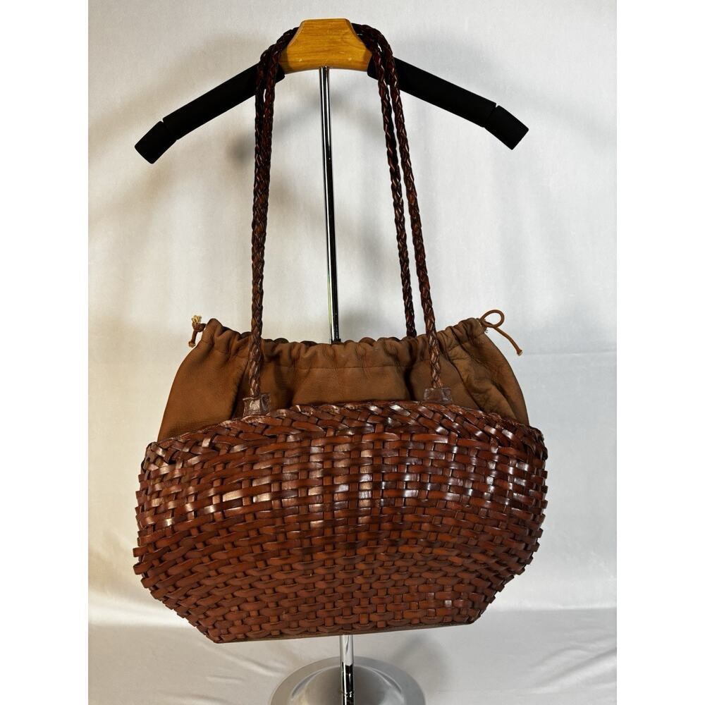 VTG Y2K Italy Woven Leather Tote Bag Cognac Brown Braided Intrecciato Style - Picture 10 of 16